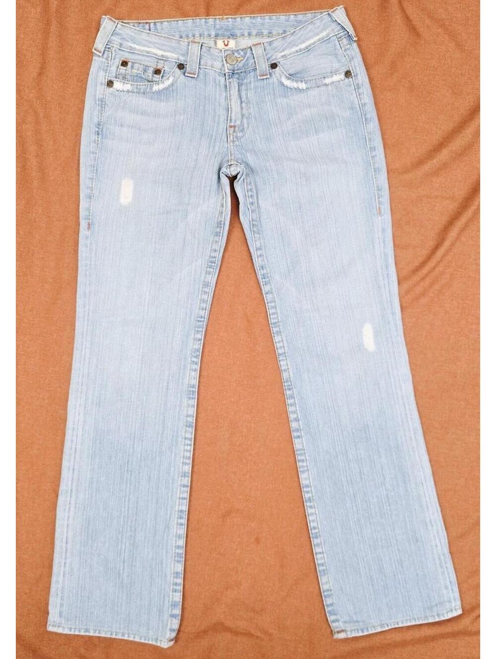 True Religion Light Wash Blue Jeans Size 32 Inseam 33” Straight Leg Distressed